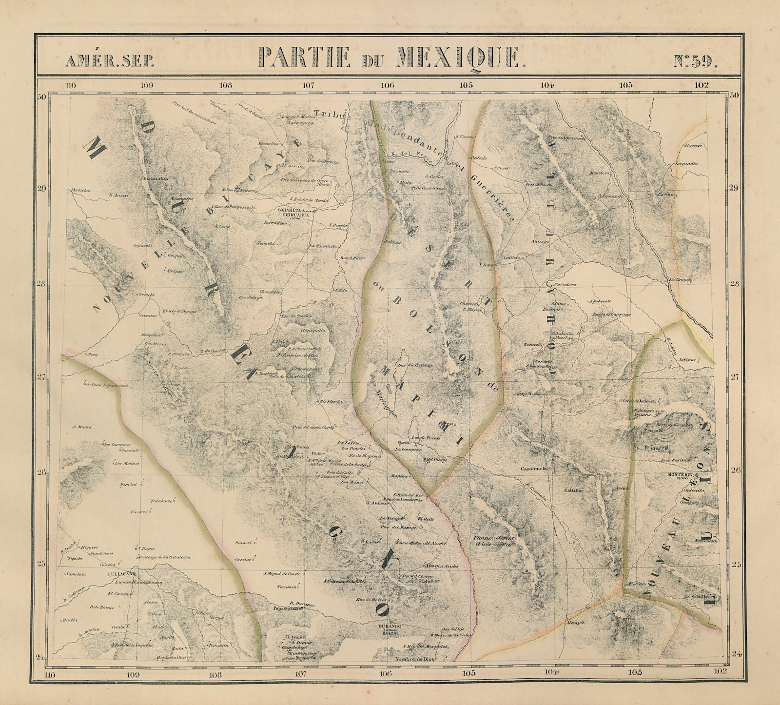 Amér. Sep. Partie du Mexique #59. Central Mexico. VANDERMAELEN 1827 old map